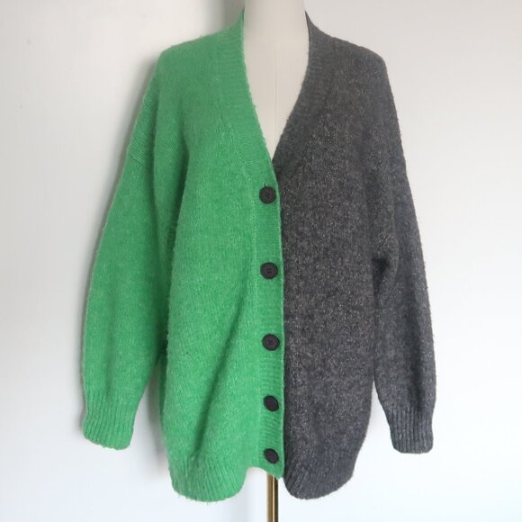 ZARA Two Tone Colorblock Wool Alpaca Oversized Button Front Cardigan Sweater L - Picture 2 of 10